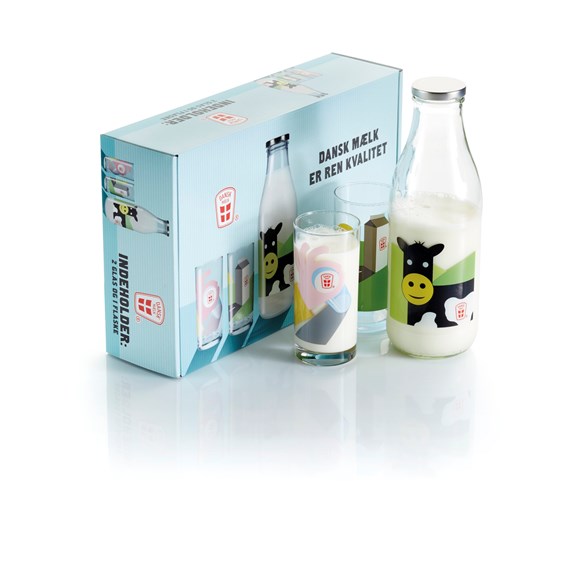 Pligt opnåelige brugervejledning Dansk Mælk (sæt med flaske og to glas)